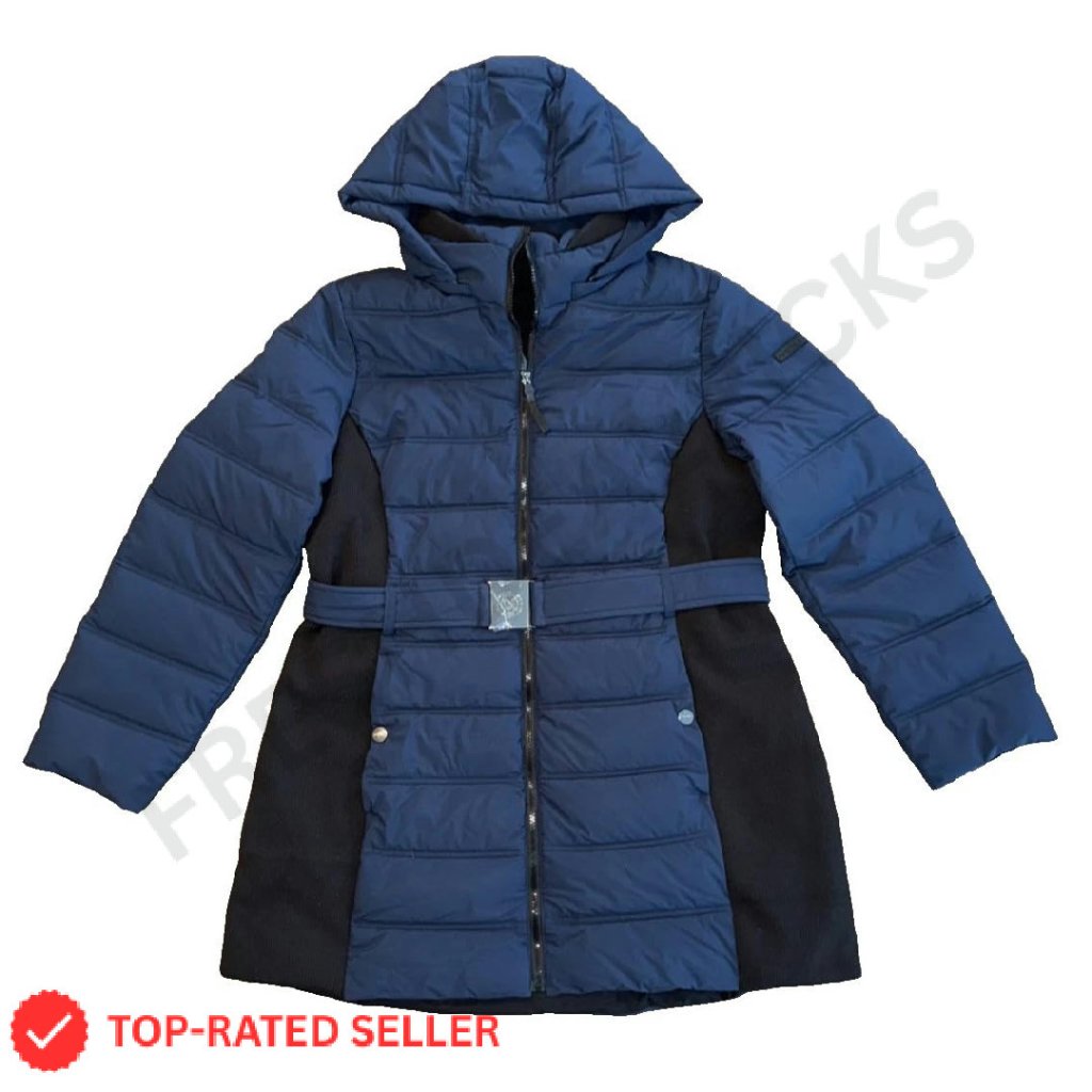 Flex Fit Puffer Jacket Winter Coat Removable Hood Belted Waist Chic